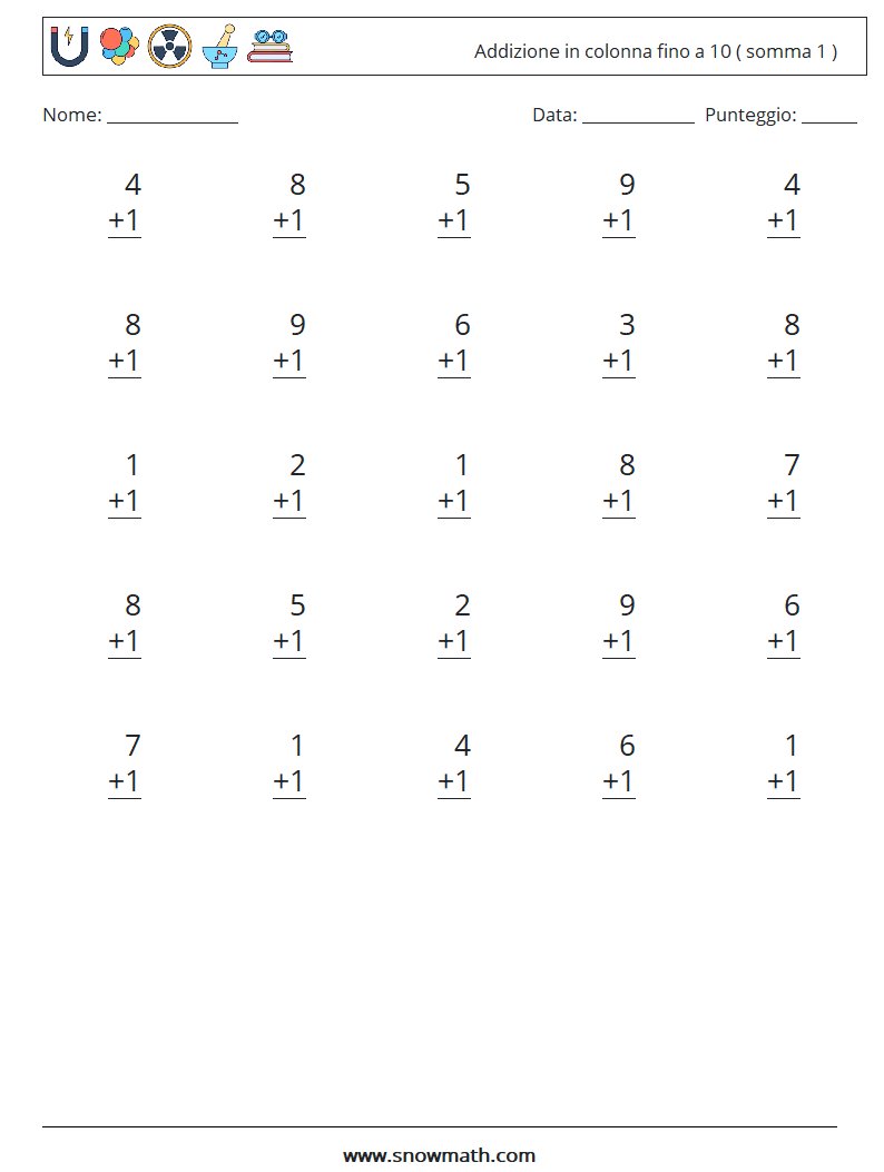 (25) Addizione in colonna fino a 10 ( somma 1 ) Fogli di lavoro di matematica 2