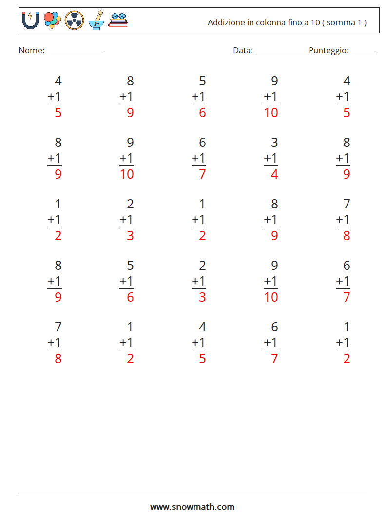 (25) Addizione in colonna fino a 10 ( somma 1 ) Fogli di lavoro di matematica 2 Domanda, Risposta