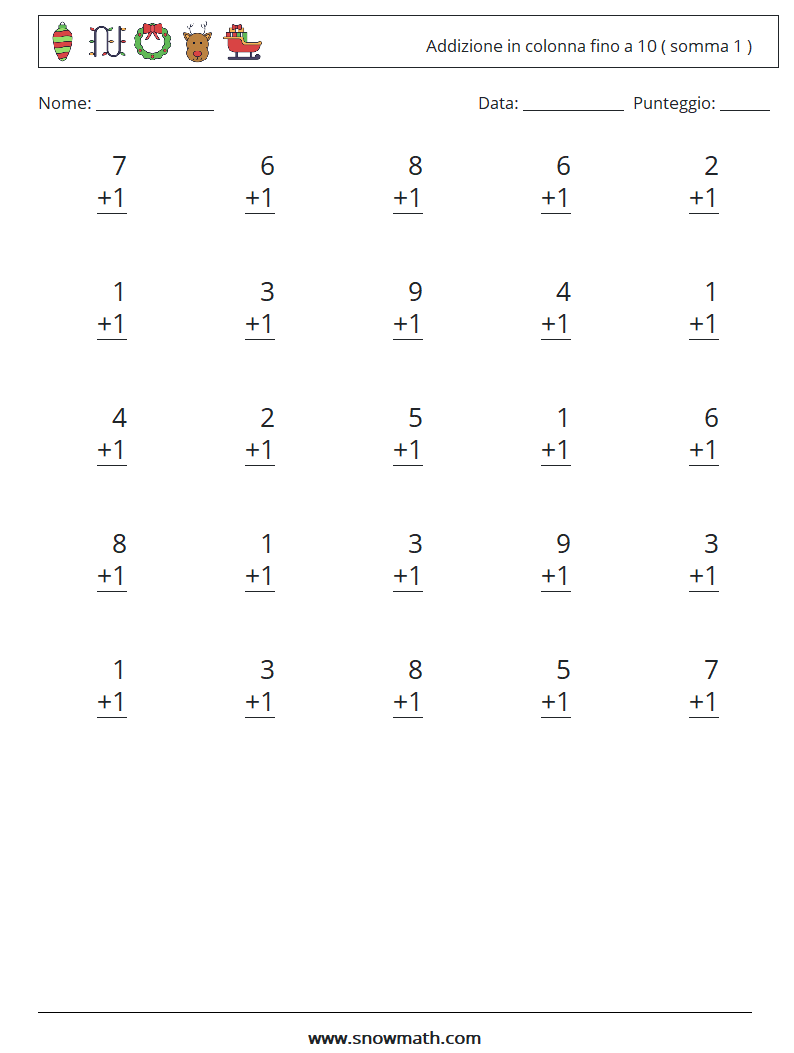 (25) Addizione in colonna fino a 10 ( somma 1 ) Fogli di lavoro di matematica 3
