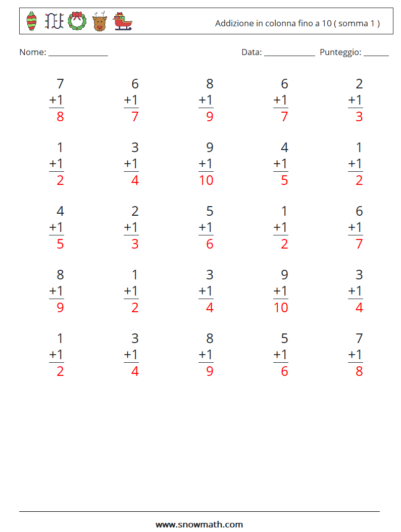 (25) Addizione in colonna fino a 10 ( somma 1 ) Fogli di lavoro di matematica 3 Domanda, Risposta