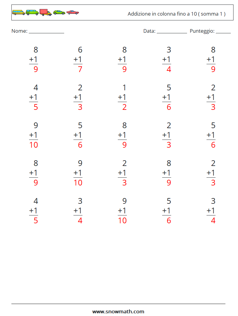 (25) Addizione in colonna fino a 10 ( somma 1 ) Fogli di lavoro di matematica 4 Domanda, Risposta