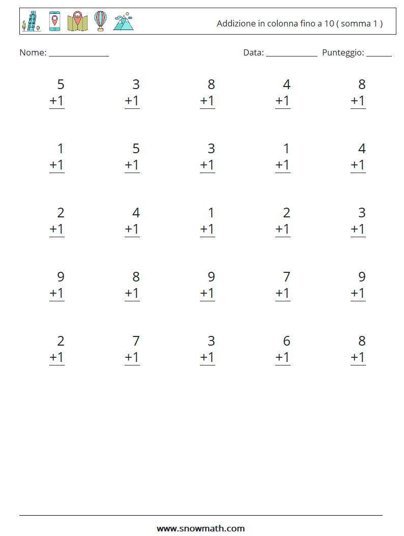 (25) Addizione in colonna fino a 10 ( somma 1 ) Fogli di lavoro di matematica 5