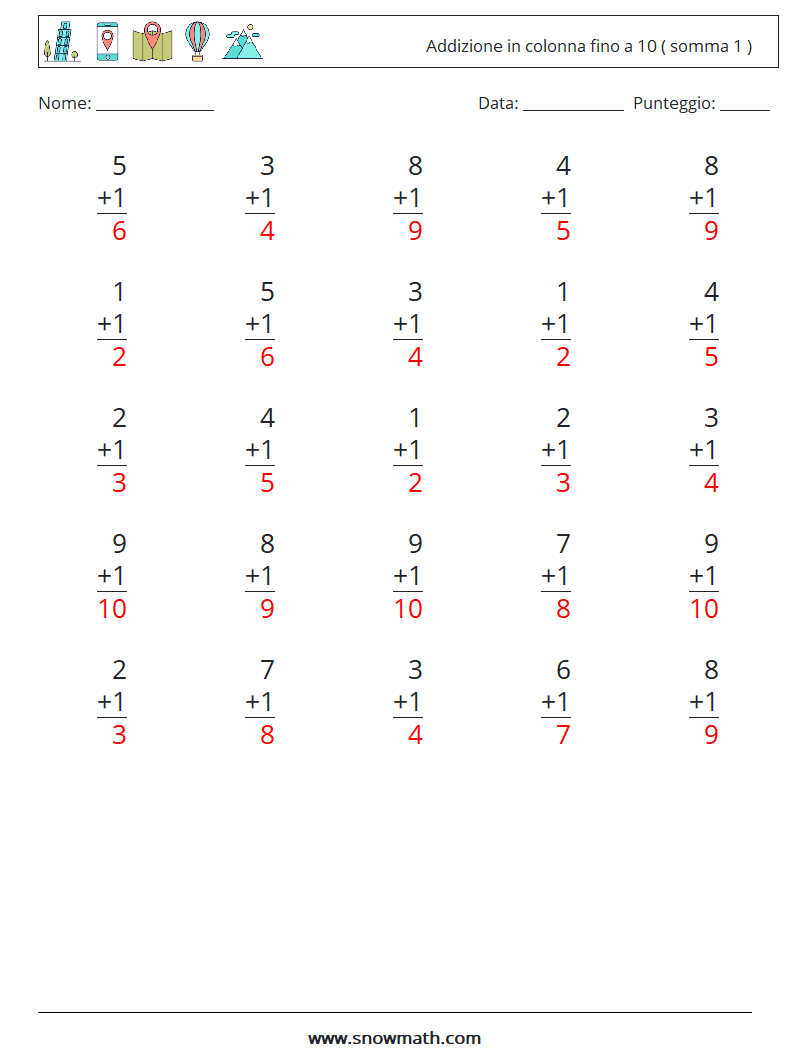 (25) Addizione in colonna fino a 10 ( somma 1 ) Fogli di lavoro di matematica 5 Domanda, Risposta