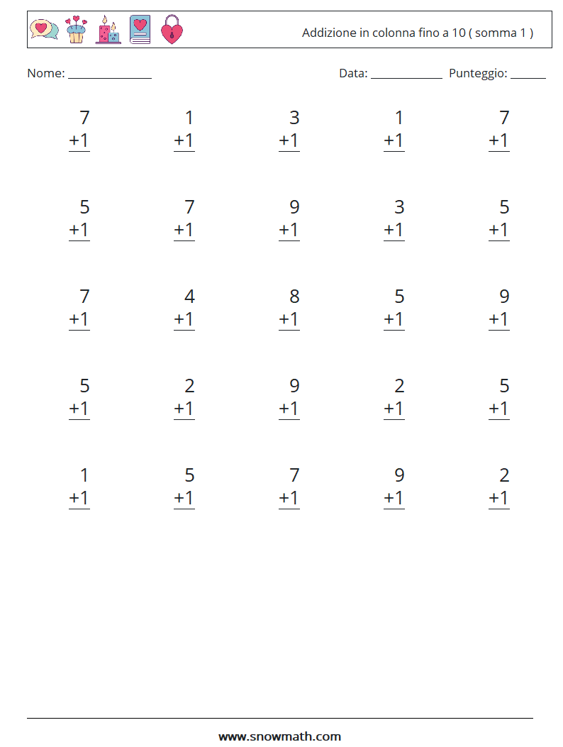 (25) Addizione in colonna fino a 10 ( somma 1 ) Fogli di lavoro di matematica 6