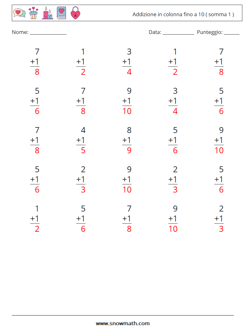 (25) Addizione in colonna fino a 10 ( somma 1 ) Fogli di lavoro di matematica 6 Domanda, Risposta