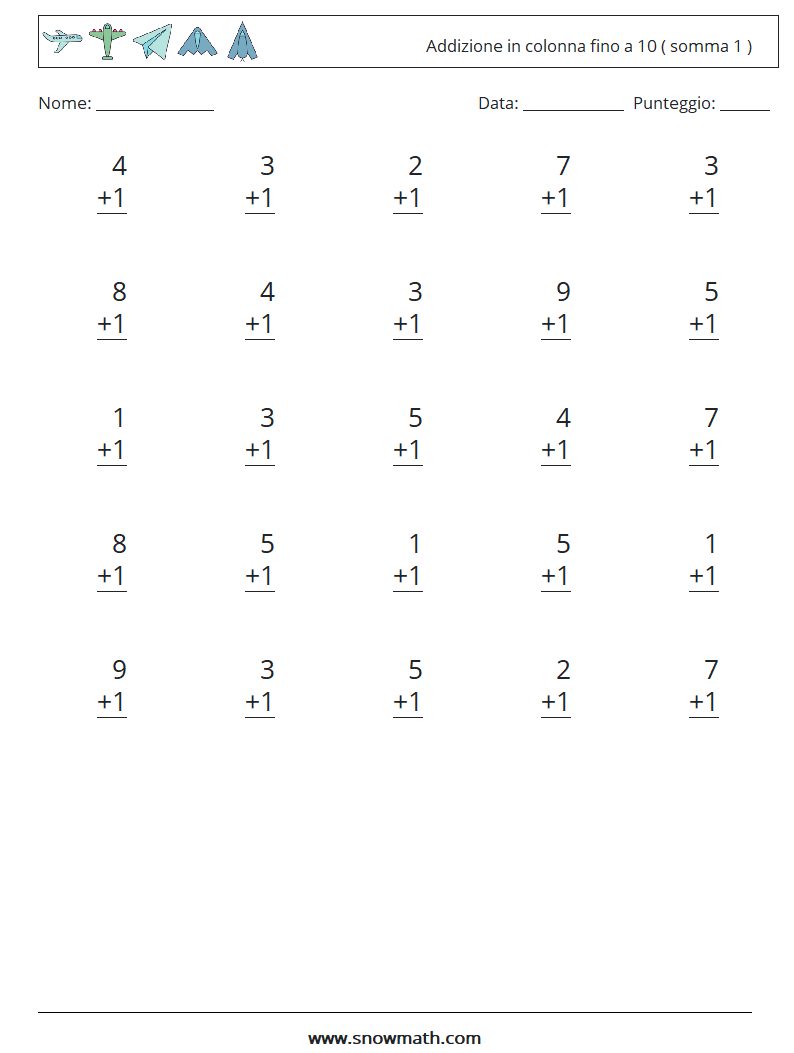 (25) Addizione in colonna fino a 10 ( somma 1 ) Fogli di lavoro di matematica 7