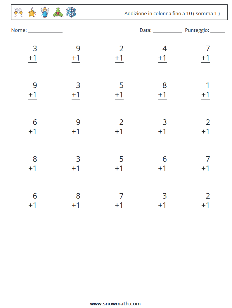 (25) Addizione in colonna fino a 10 ( somma 1 ) Fogli di lavoro di matematica 8