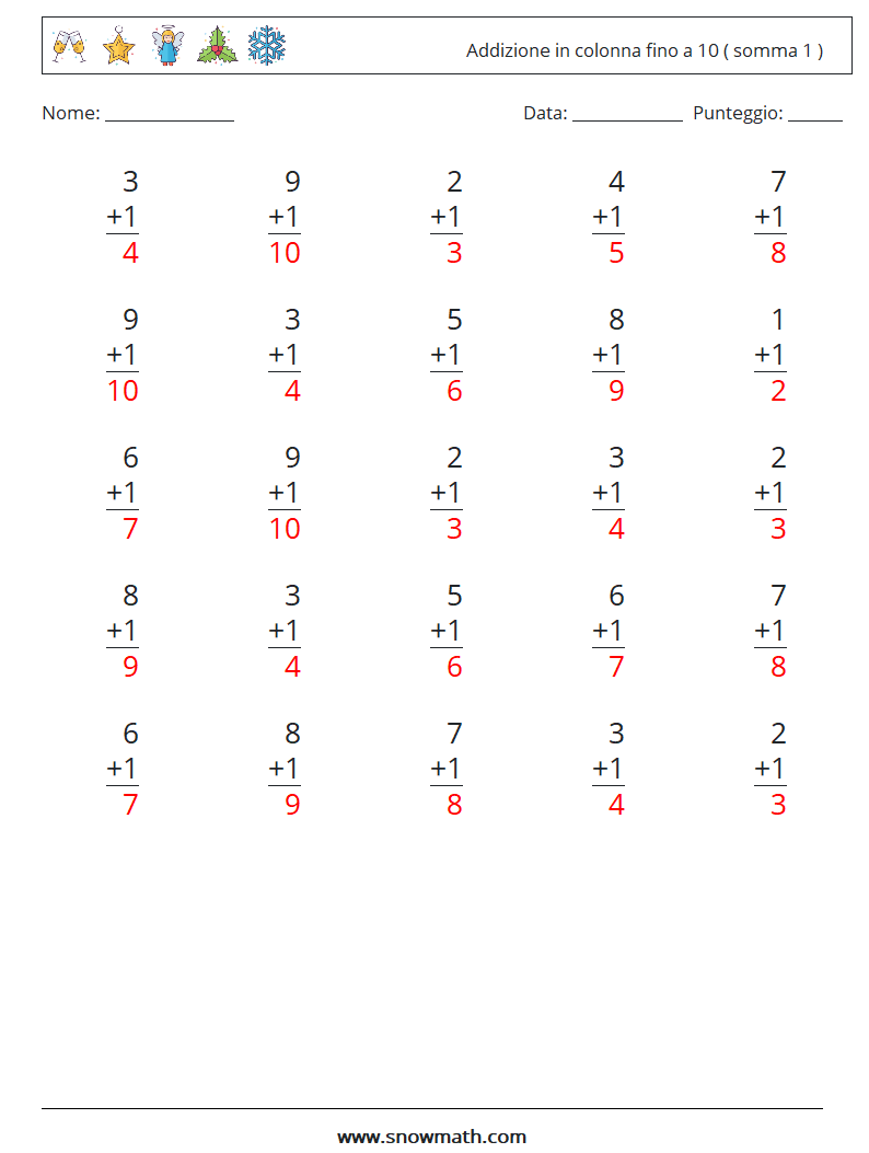 (25) Addizione in colonna fino a 10 ( somma 1 ) Fogli di lavoro di matematica 8 Domanda, Risposta