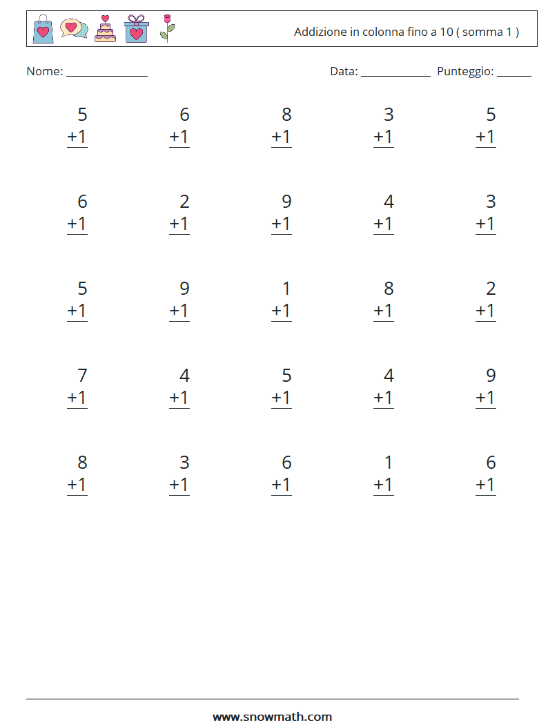 (25) Addizione in colonna fino a 10 ( somma 1 ) Fogli di lavoro di matematica 9