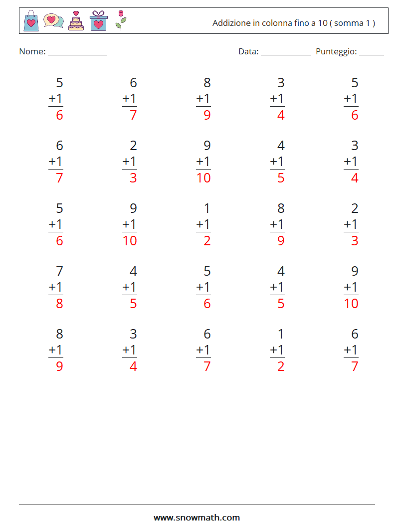 (25) Addizione in colonna fino a 10 ( somma 1 ) Fogli di lavoro di matematica 9 Domanda, Risposta
