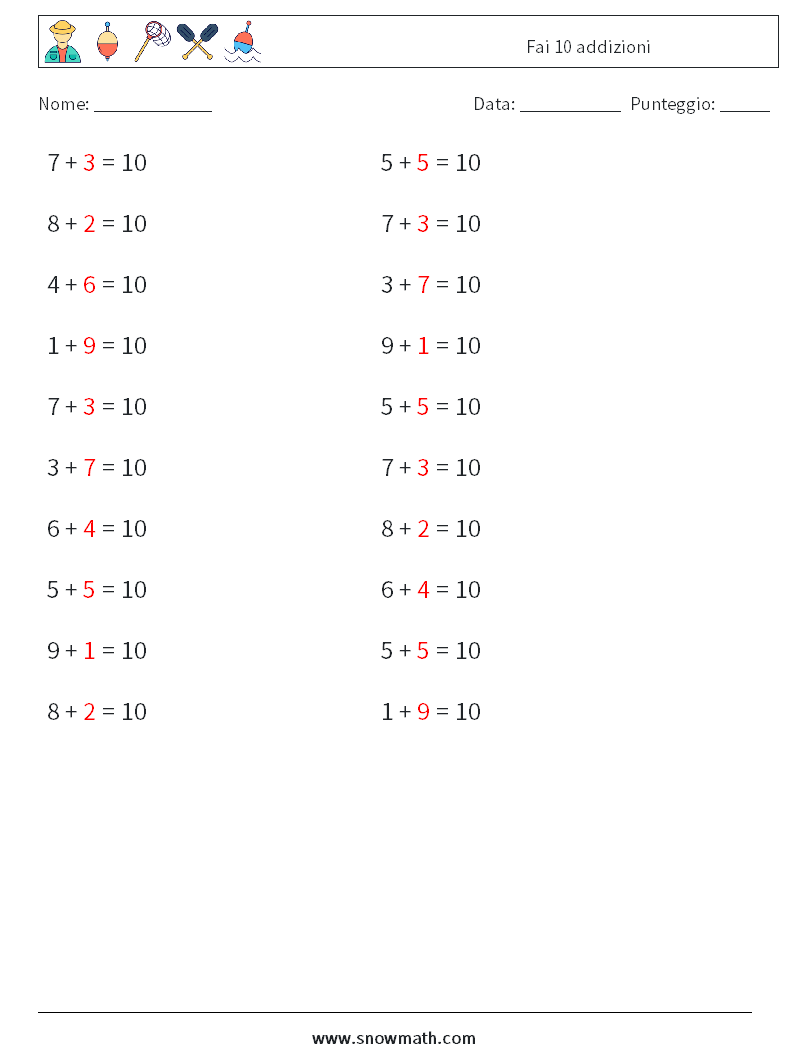 (20) Fai 10 addizioni Fogli di lavoro di matematica 1 Domanda, Risposta