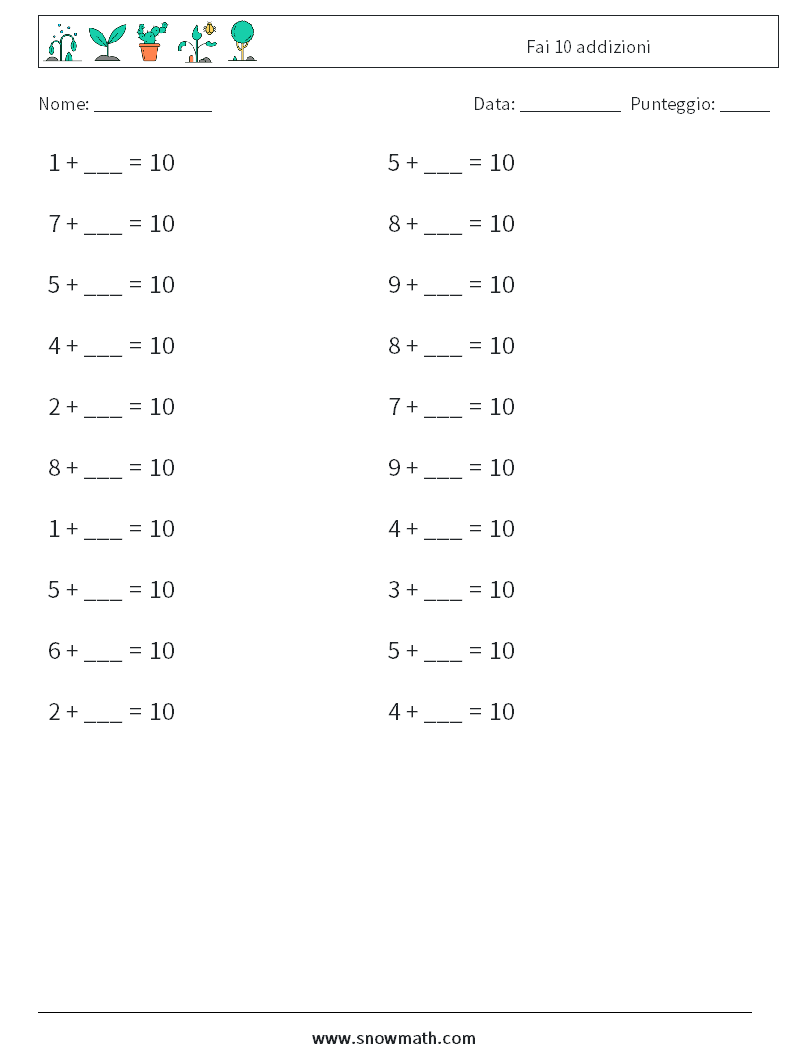 (20) Fai 10 addizioni Fogli di lavoro di matematica 2