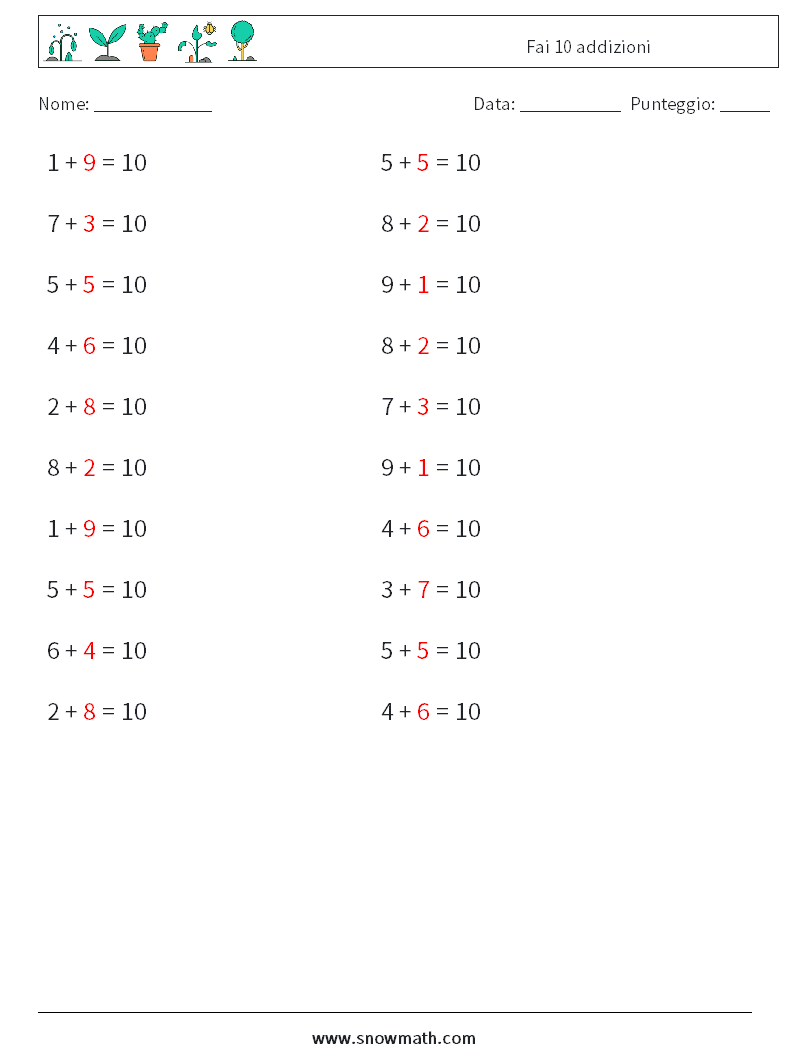 (20) Fai 10 addizioni Fogli di lavoro di matematica 2 Domanda, Risposta