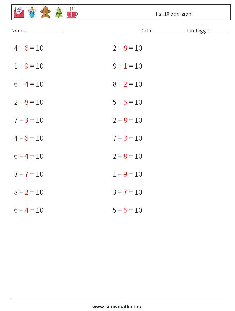 (20) Fai 10 addizioni Fogli di lavoro di matematica 3 Domanda, Risposta