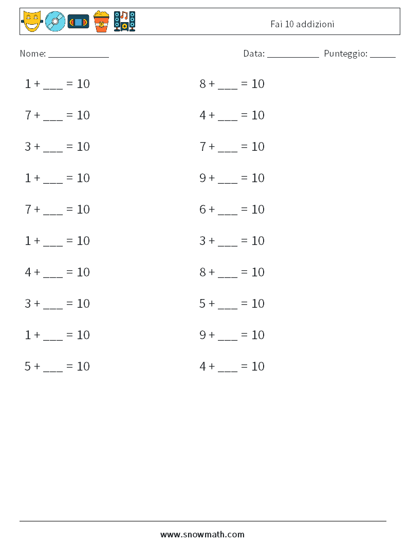 (20) Fai 10 addizioni Fogli di lavoro di matematica 4