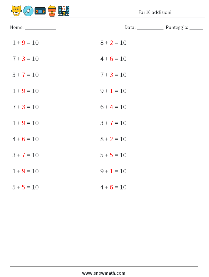 (20) Fai 10 addizioni Fogli di lavoro di matematica 4 Domanda, Risposta