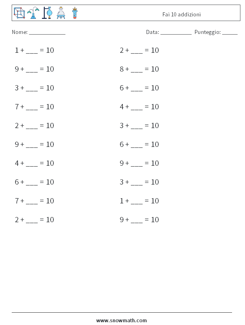 (20) Fai 10 addizioni Fogli di lavoro di matematica 5