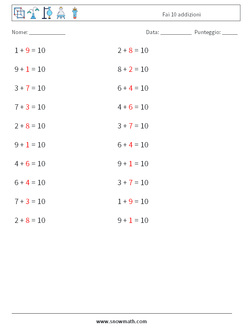 (20) Fai 10 addizioni Fogli di lavoro di matematica 5 Domanda, Risposta