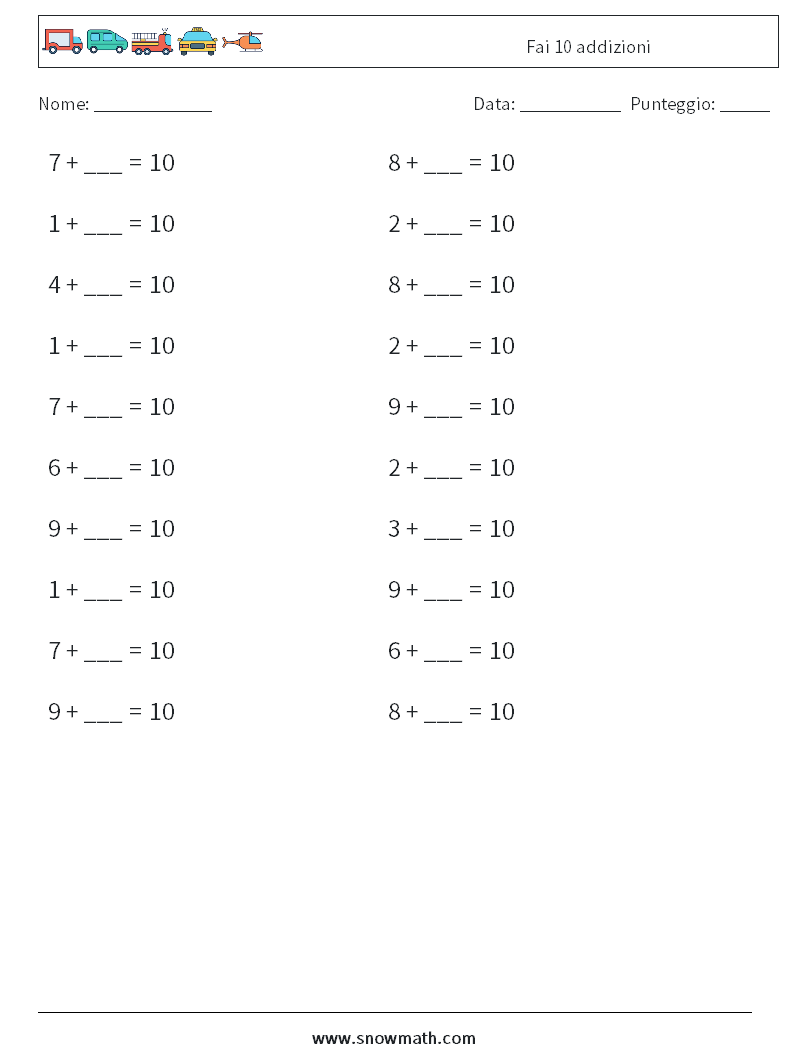 (20) Fai 10 addizioni Fogli di lavoro di matematica 6