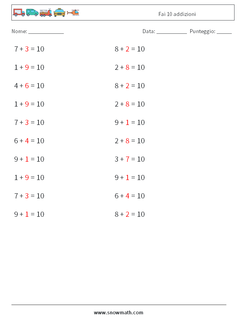 (20) Fai 10 addizioni Fogli di lavoro di matematica 6 Domanda, Risposta