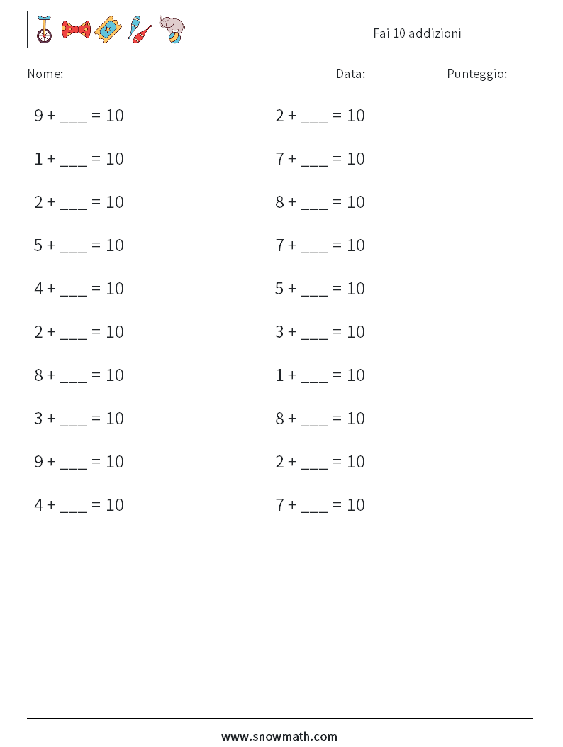 (20) Fai 10 addizioni Fogli di lavoro di matematica 7