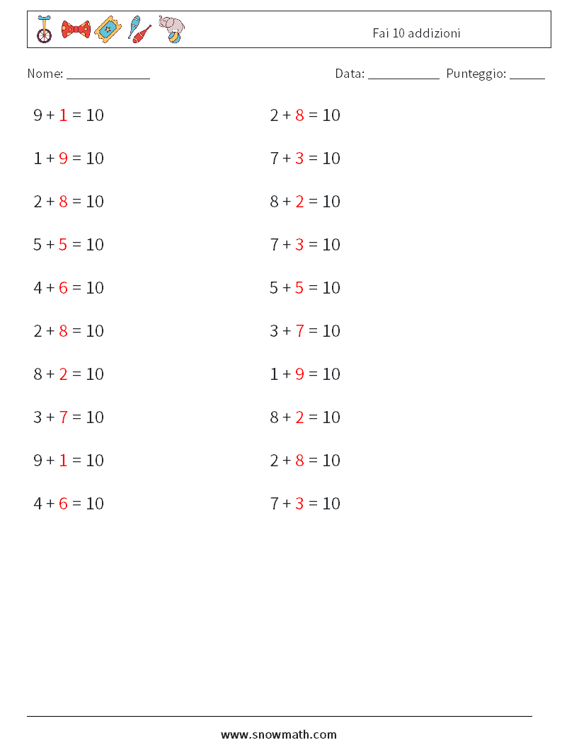 (20) Fai 10 addizioni Fogli di lavoro di matematica 7 Domanda, Risposta