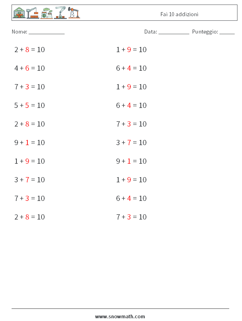 (20) Fai 10 addizioni Fogli di lavoro di matematica 8 Domanda, Risposta