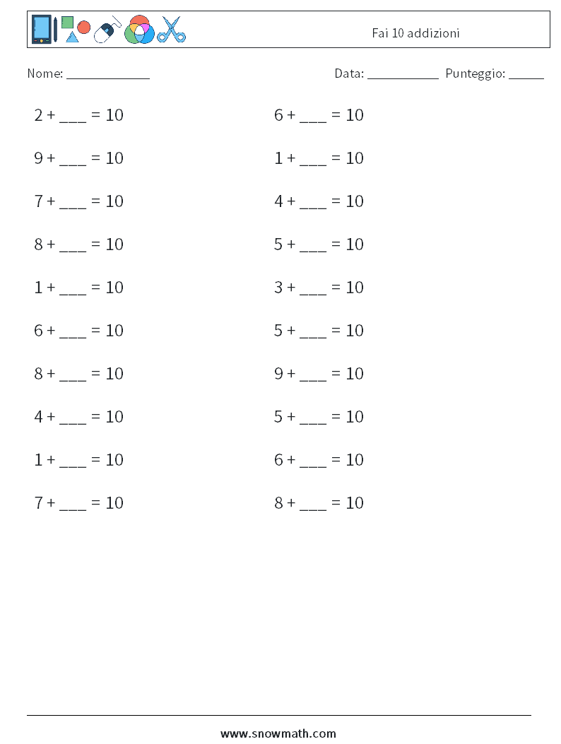 (20) Fai 10 addizioni Fogli di lavoro di matematica 9