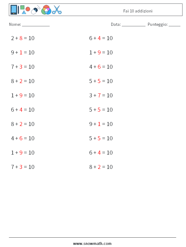 (20) Fai 10 addizioni Fogli di lavoro di matematica 9 Domanda, Risposta