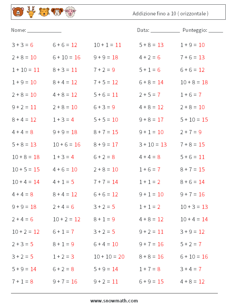 (100) Addizione fino a 10 ( orizzontale ) Fogli di lavoro di matematica 1 Domanda, Risposta