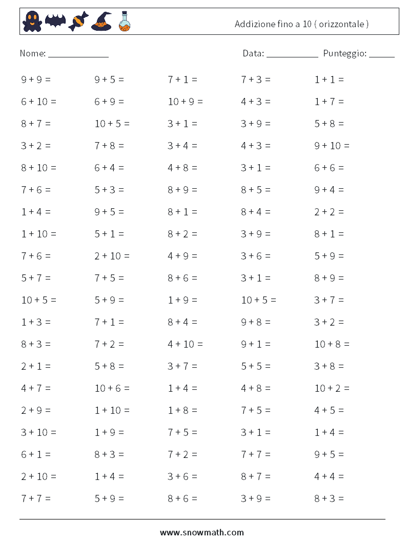 (100) Addizione fino a 10 ( orizzontale ) Fogli di lavoro di matematica 2