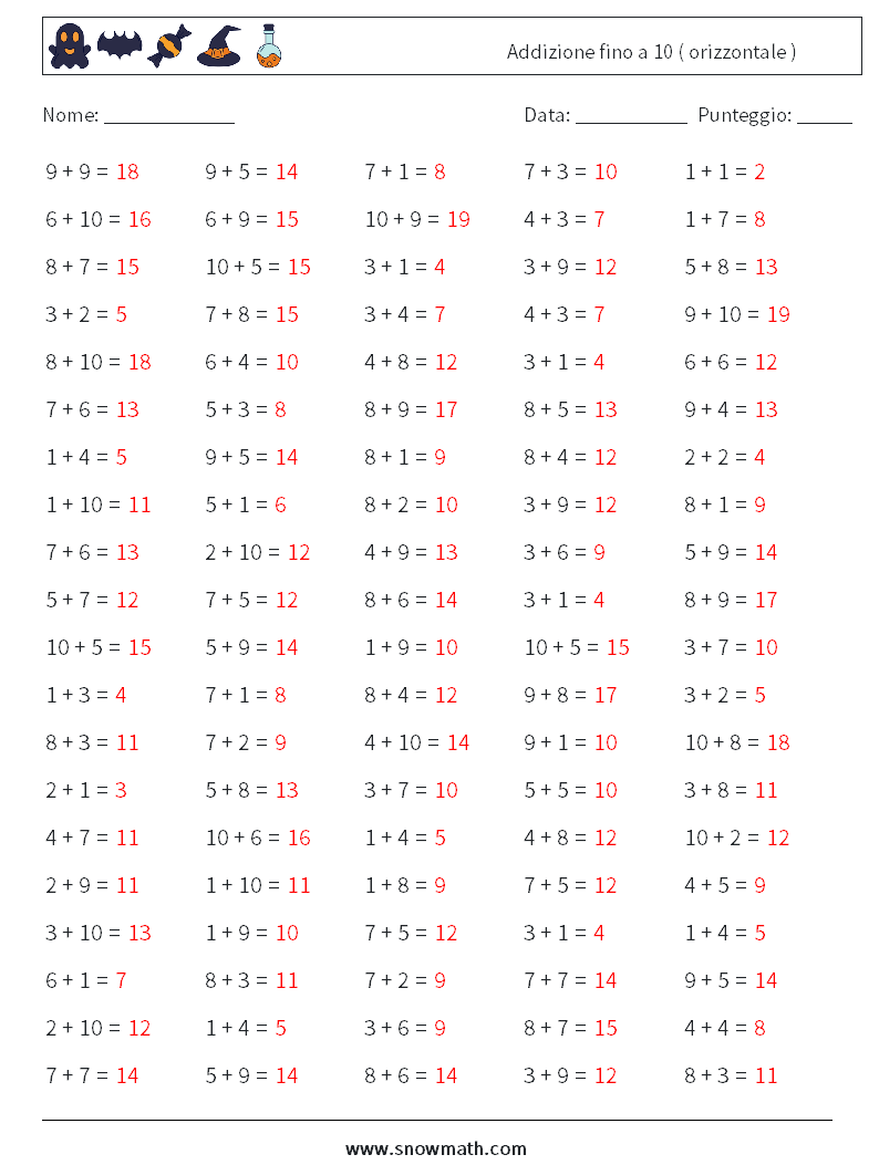 (100) Addizione fino a 10 ( orizzontale ) Fogli di lavoro di matematica 2 Domanda, Risposta