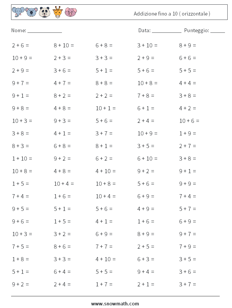 (100) Addizione fino a 10 ( orizzontale ) Fogli di lavoro di matematica 3
