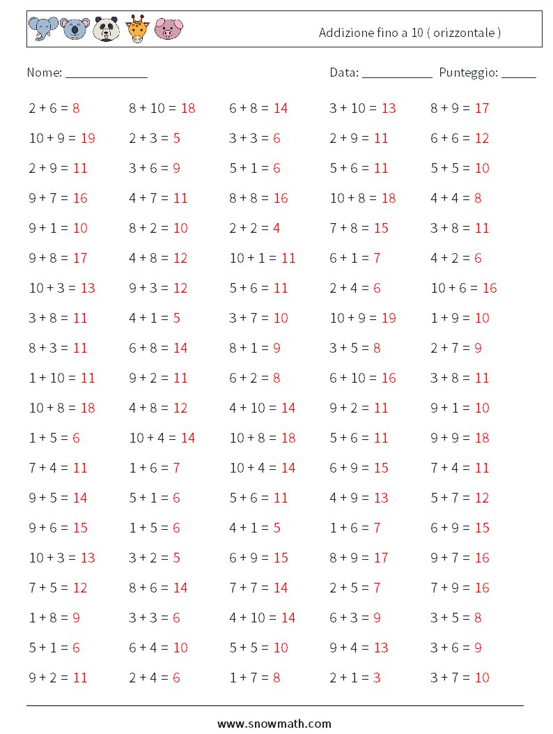 (100) Addizione fino a 10 ( orizzontale ) Fogli di lavoro di matematica 3 Domanda, Risposta