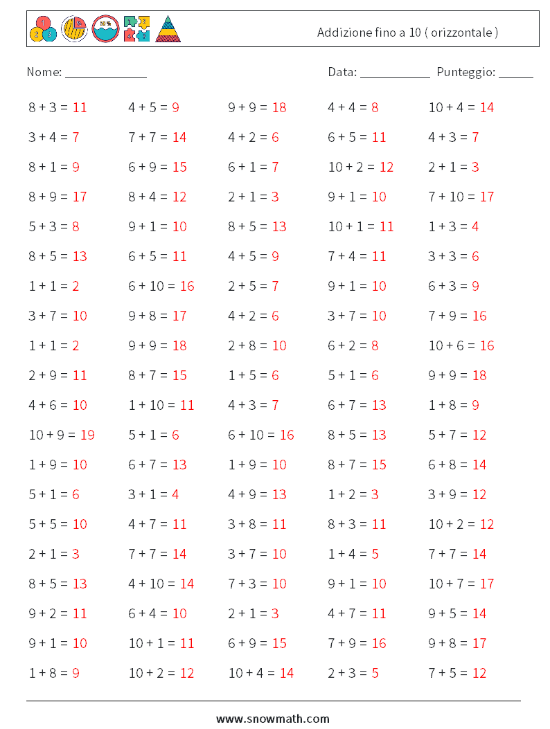 (100) Addizione fino a 10 ( orizzontale ) Fogli di lavoro di matematica 4 Domanda, Risposta