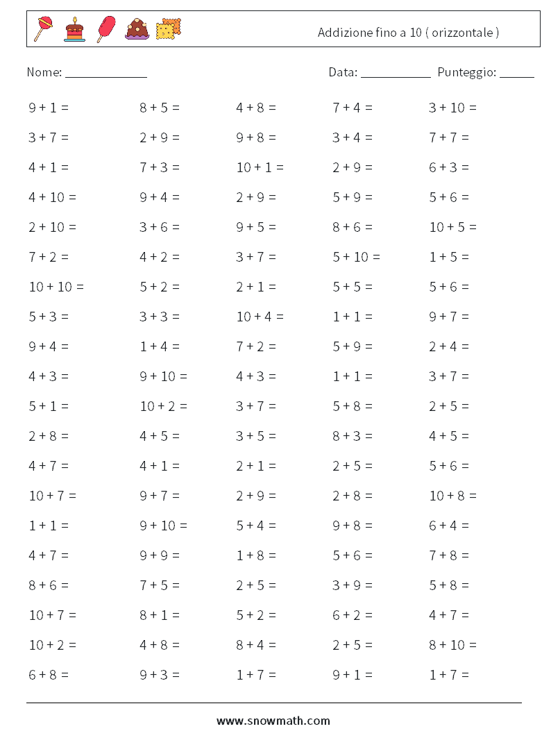 (100) Addizione fino a 10 ( orizzontale ) Fogli di lavoro di matematica 5