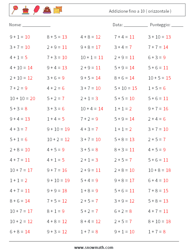(100) Addizione fino a 10 ( orizzontale ) Fogli di lavoro di matematica 5 Domanda, Risposta