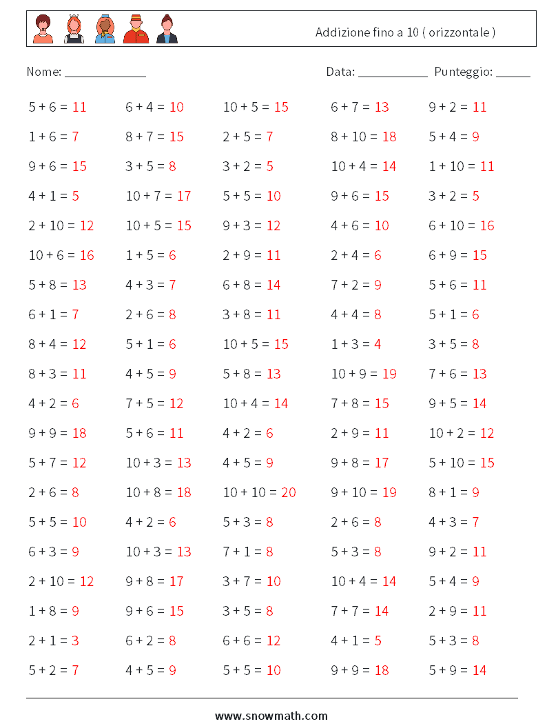 (100) Addizione fino a 10 ( orizzontale ) Fogli di lavoro di matematica 6 Domanda, Risposta