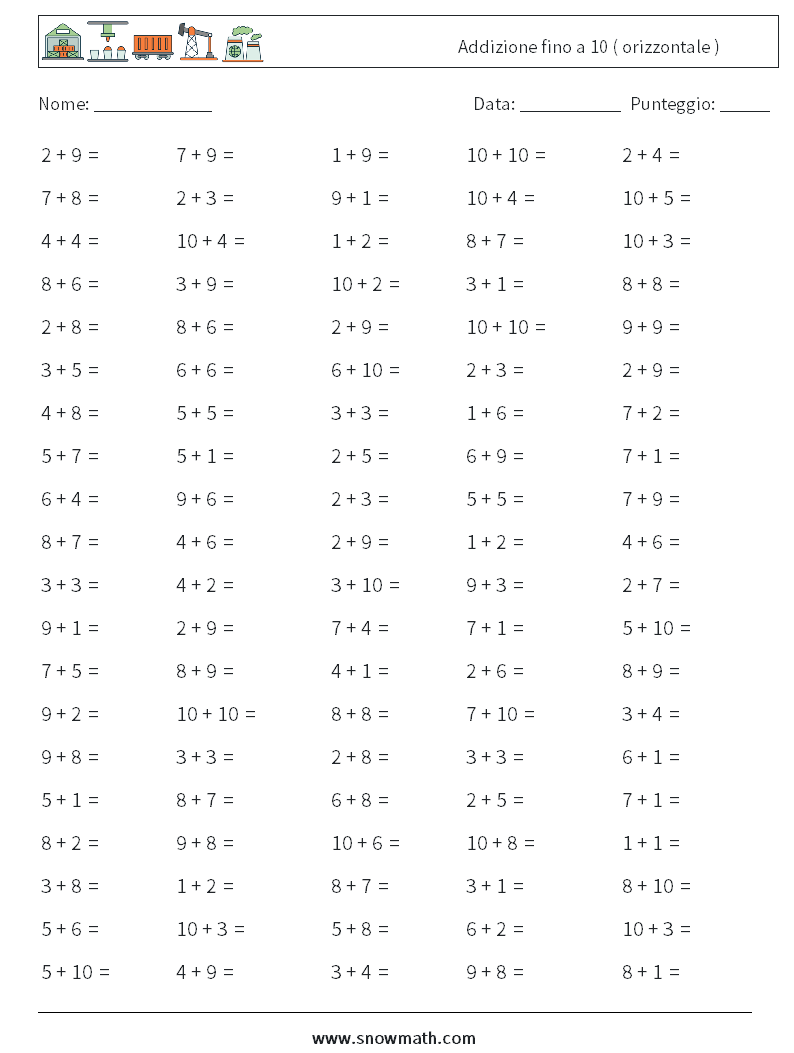 (100) Addizione fino a 10 ( orizzontale ) Fogli di lavoro di matematica 7
