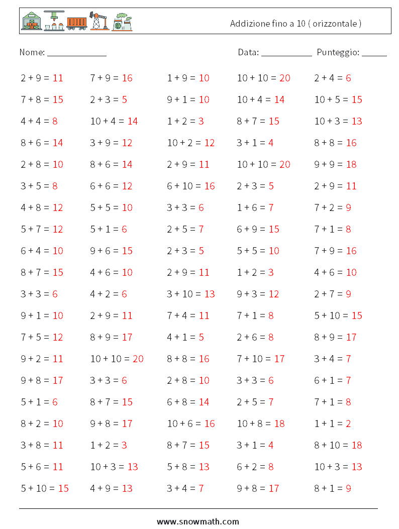 (100) Addizione fino a 10 ( orizzontale ) Fogli di lavoro di matematica 7 Domanda, Risposta