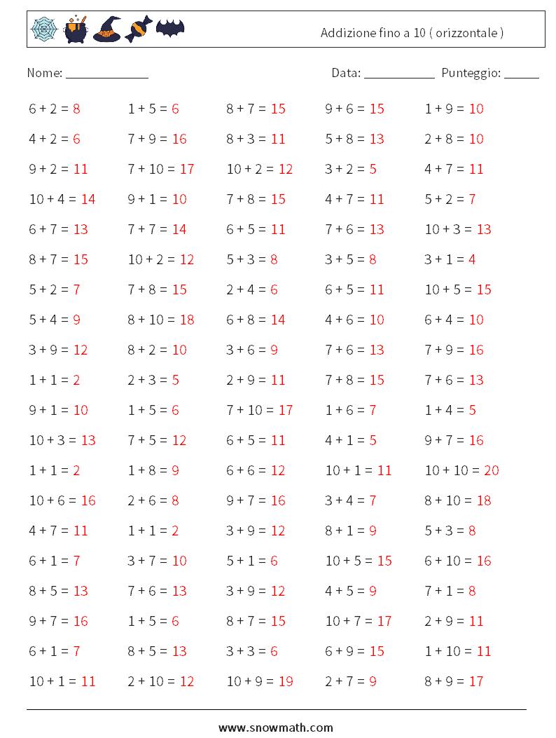 (100) Addizione fino a 10 ( orizzontale ) Fogli di lavoro di matematica 8 Domanda, Risposta