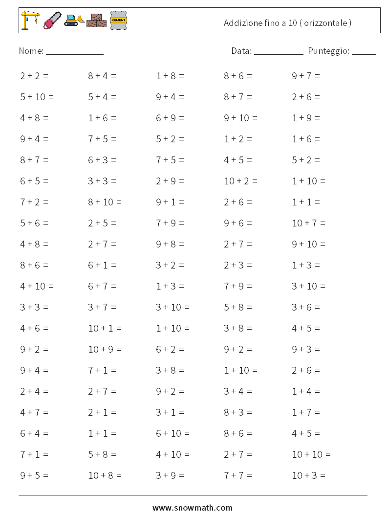 (100) Addizione fino a 10 ( orizzontale ) Fogli di lavoro di matematica 9