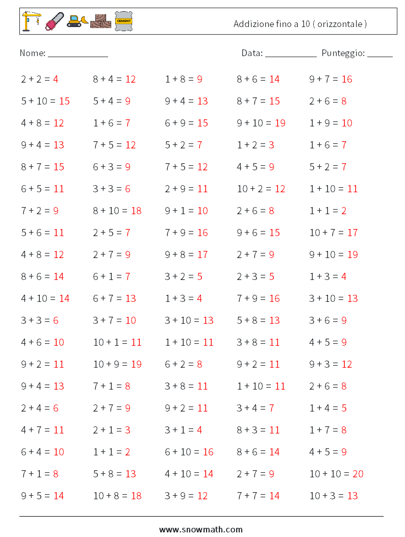 (100) Addizione fino a 10 ( orizzontale ) Fogli di lavoro di matematica 9 Domanda, Risposta