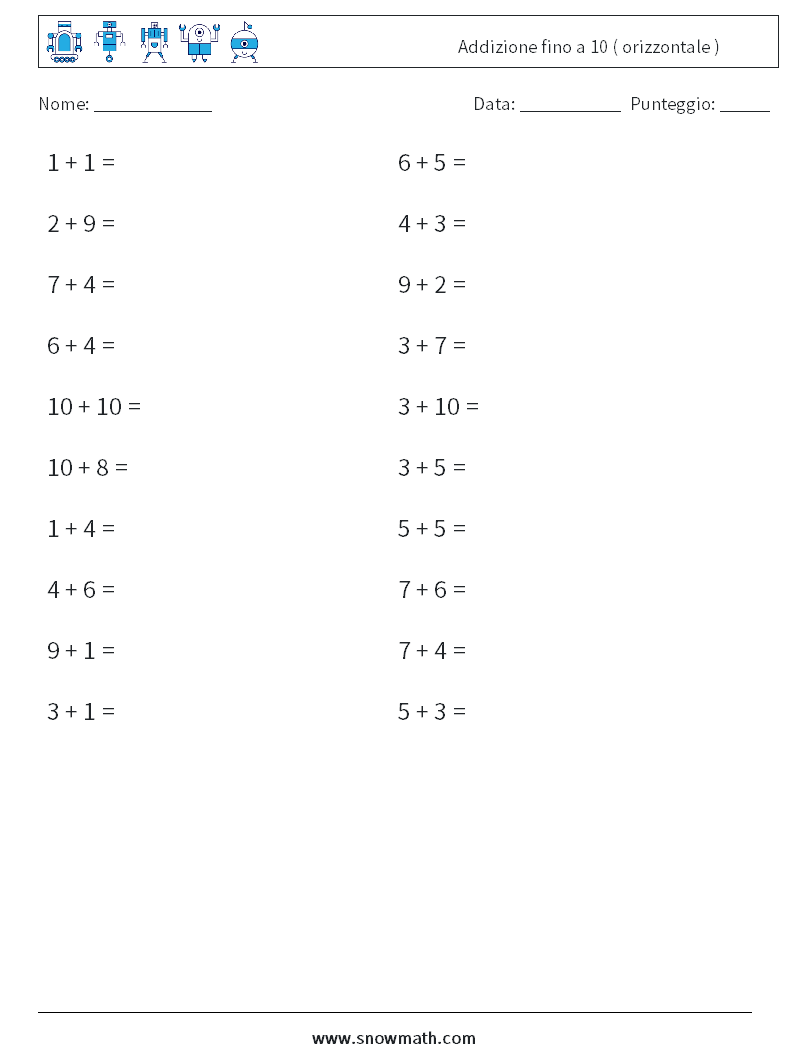 (20) Addizione fino a 10 ( orizzontale ) Fogli di lavoro di matematica 9