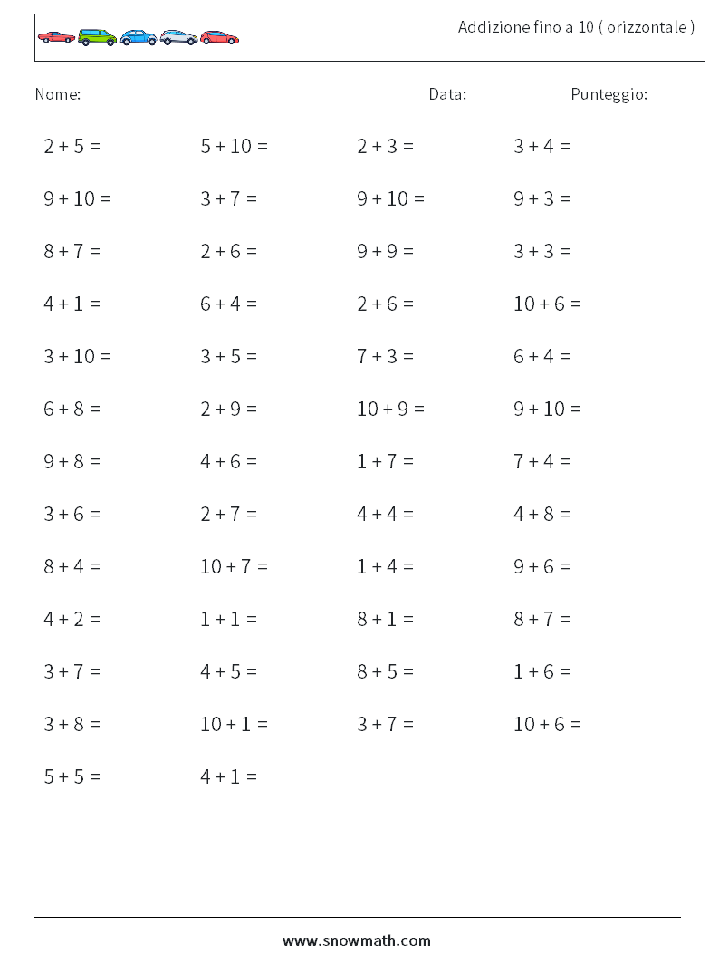 (50) Addizione fino a 10 ( orizzontale ) Fogli di lavoro di matematica 7