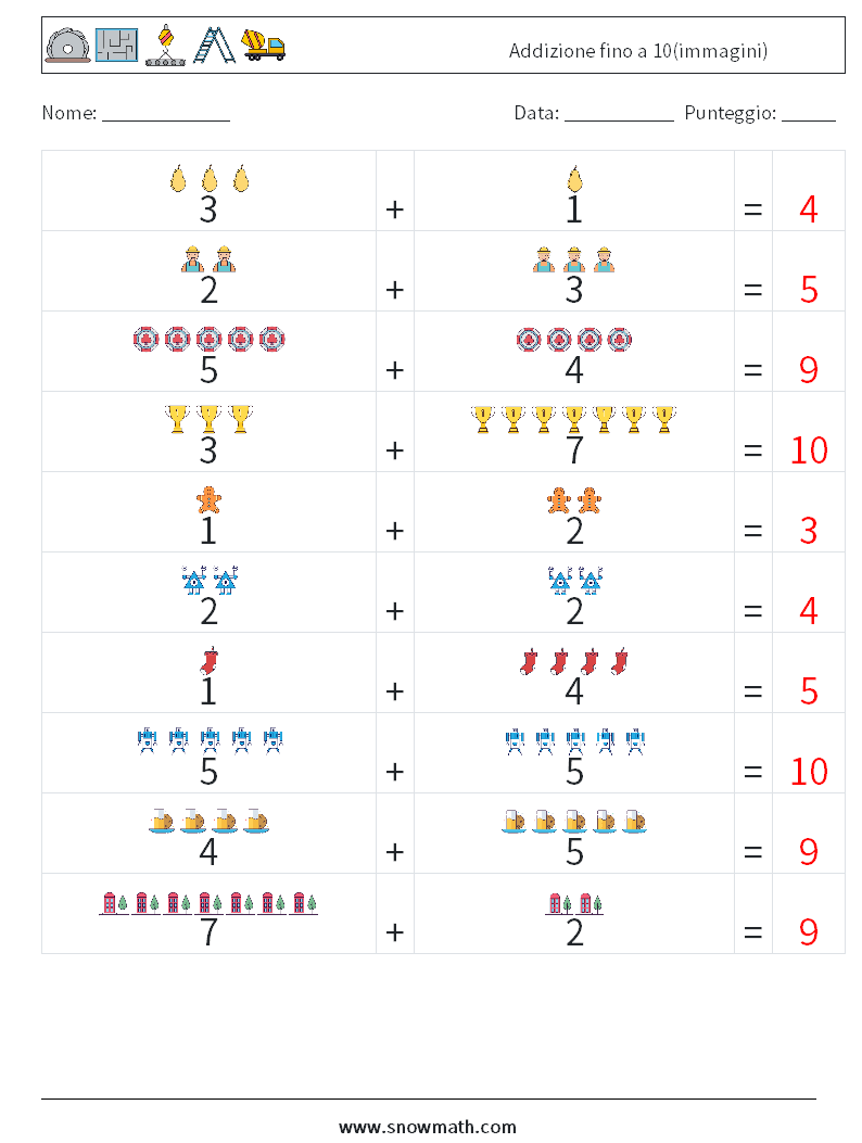 Addizione fino a 10(immagini) Fogli di lavoro di matematica 10 Domanda, Risposta