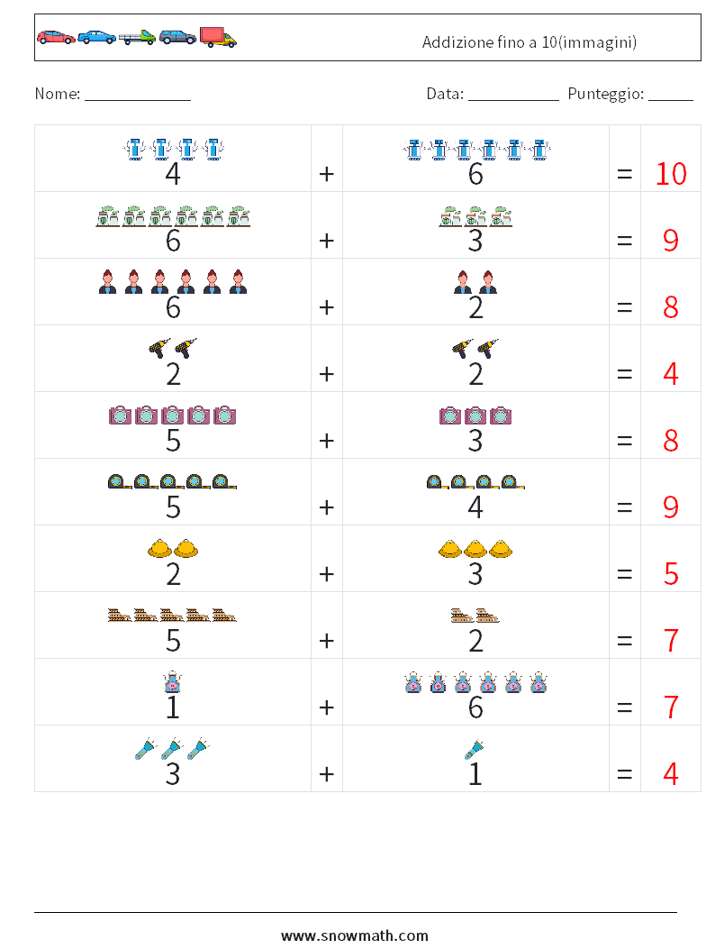 Addizione fino a 10(immagini) Fogli di lavoro di matematica 11 Domanda, Risposta