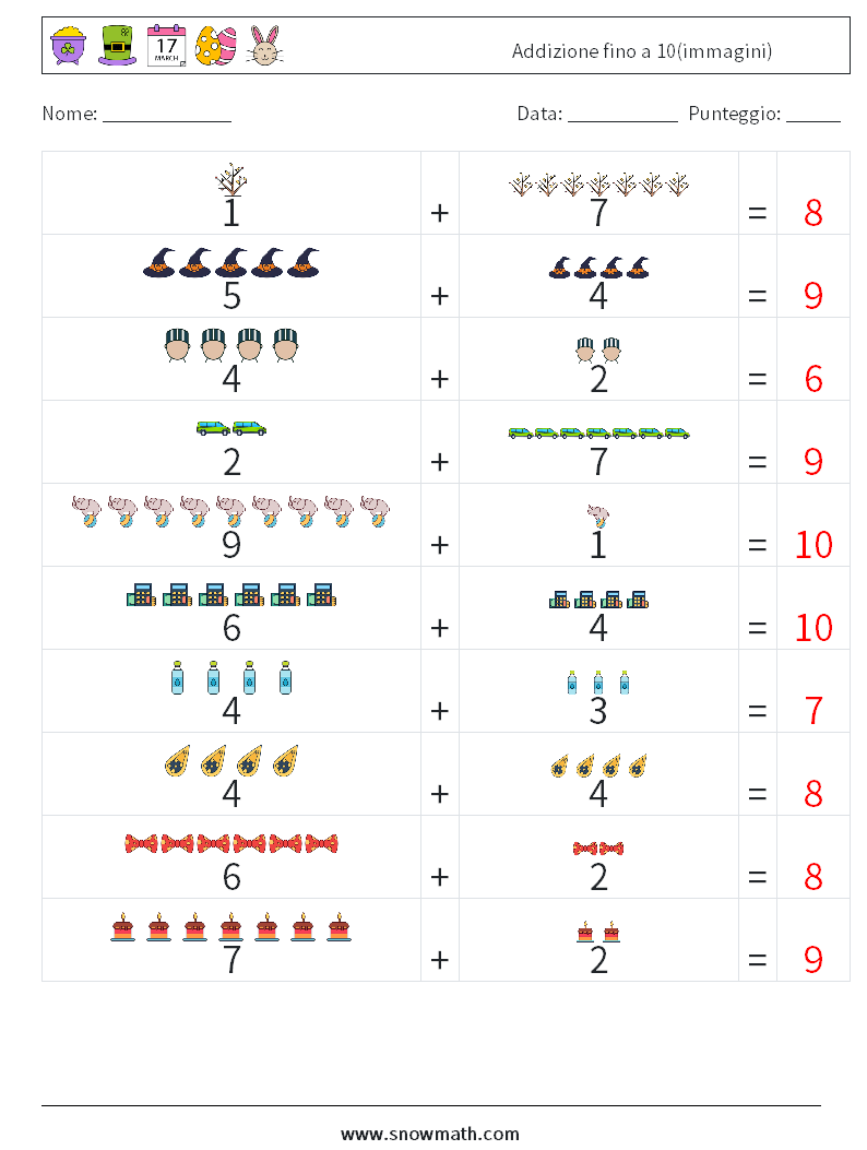 Addizione fino a 10(immagini) Fogli di lavoro di matematica 12 Domanda, Risposta
