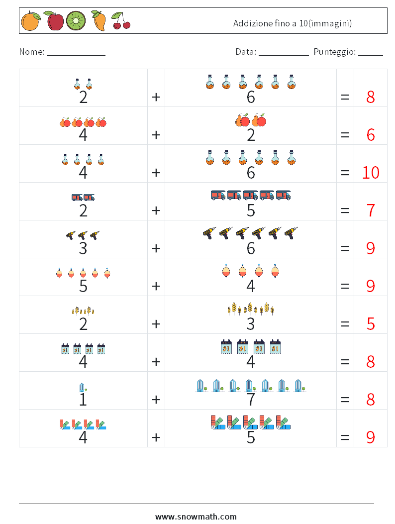 Addizione fino a 10(immagini) Fogli di lavoro di matematica 13 Domanda, Risposta