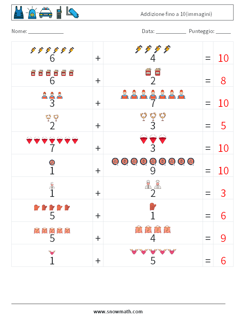 Addizione fino a 10(immagini) Fogli di lavoro di matematica 14 Domanda, Risposta